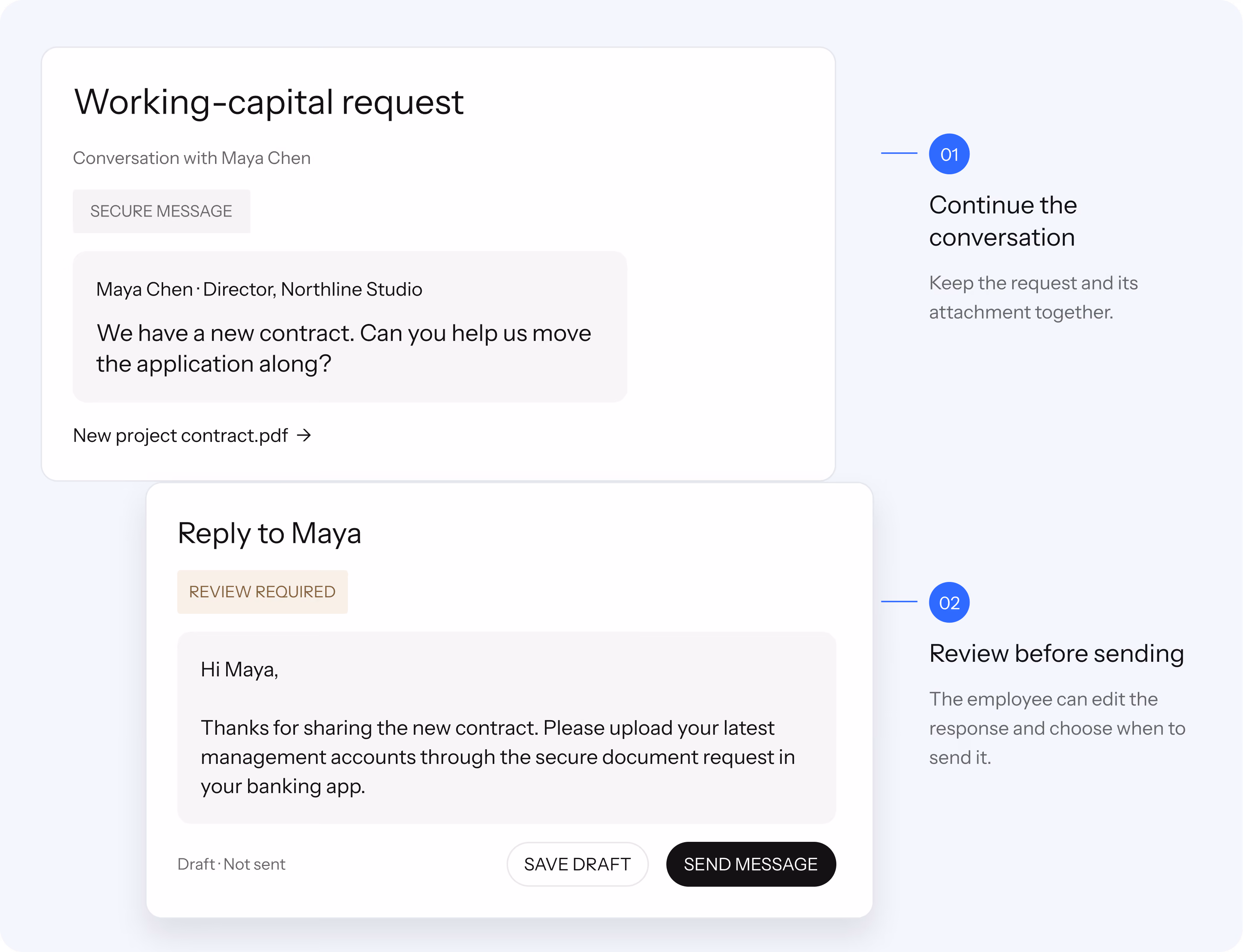 Employee workspace customer overview for Northline Studio: contacts, relationship manager, business account balances and an open working-capital application flagged for missing management accounts.