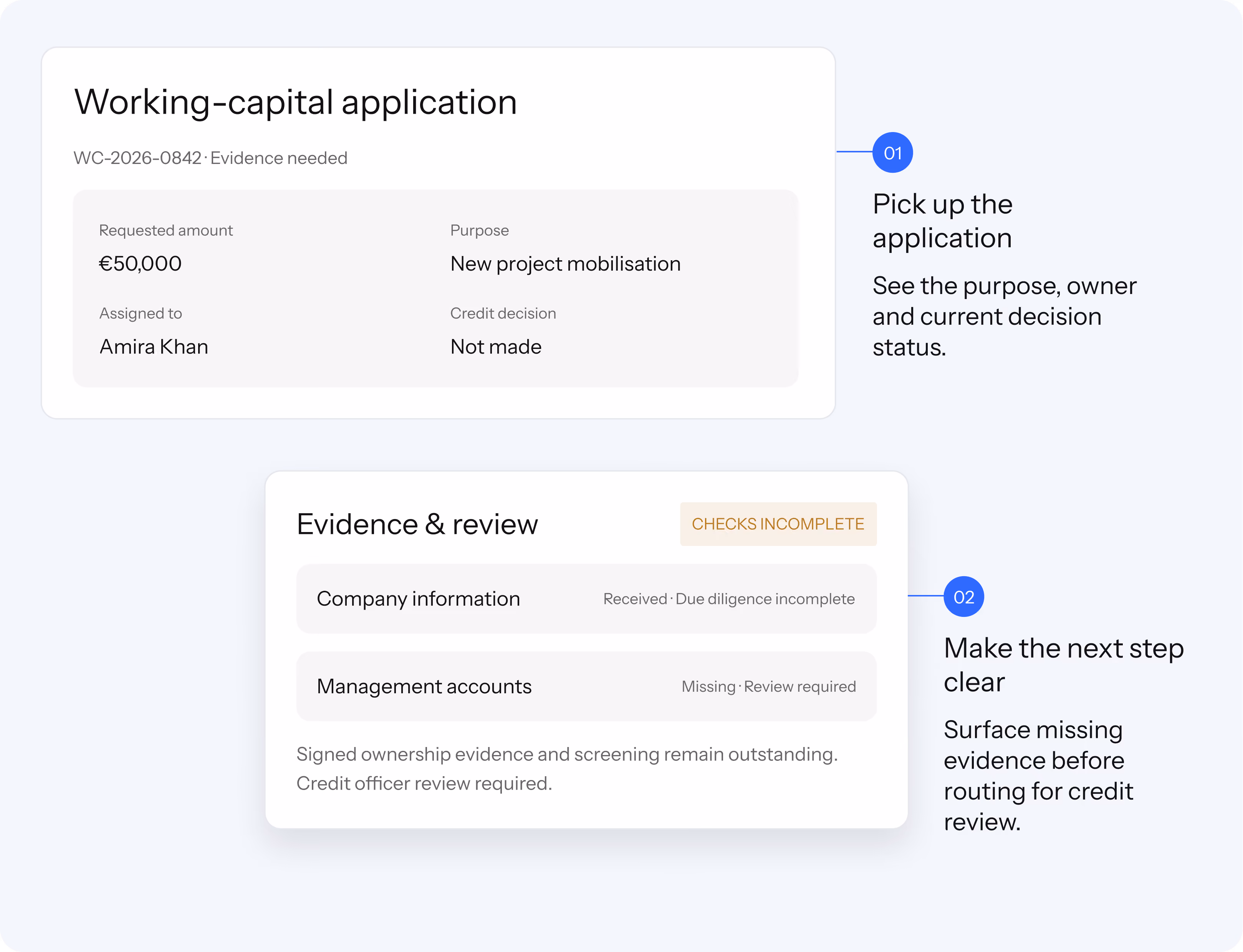 Employee workspace customer overview for Northline Studio: contacts, relationship manager, business account balances and an open working-capital application flagged for missing management accounts.