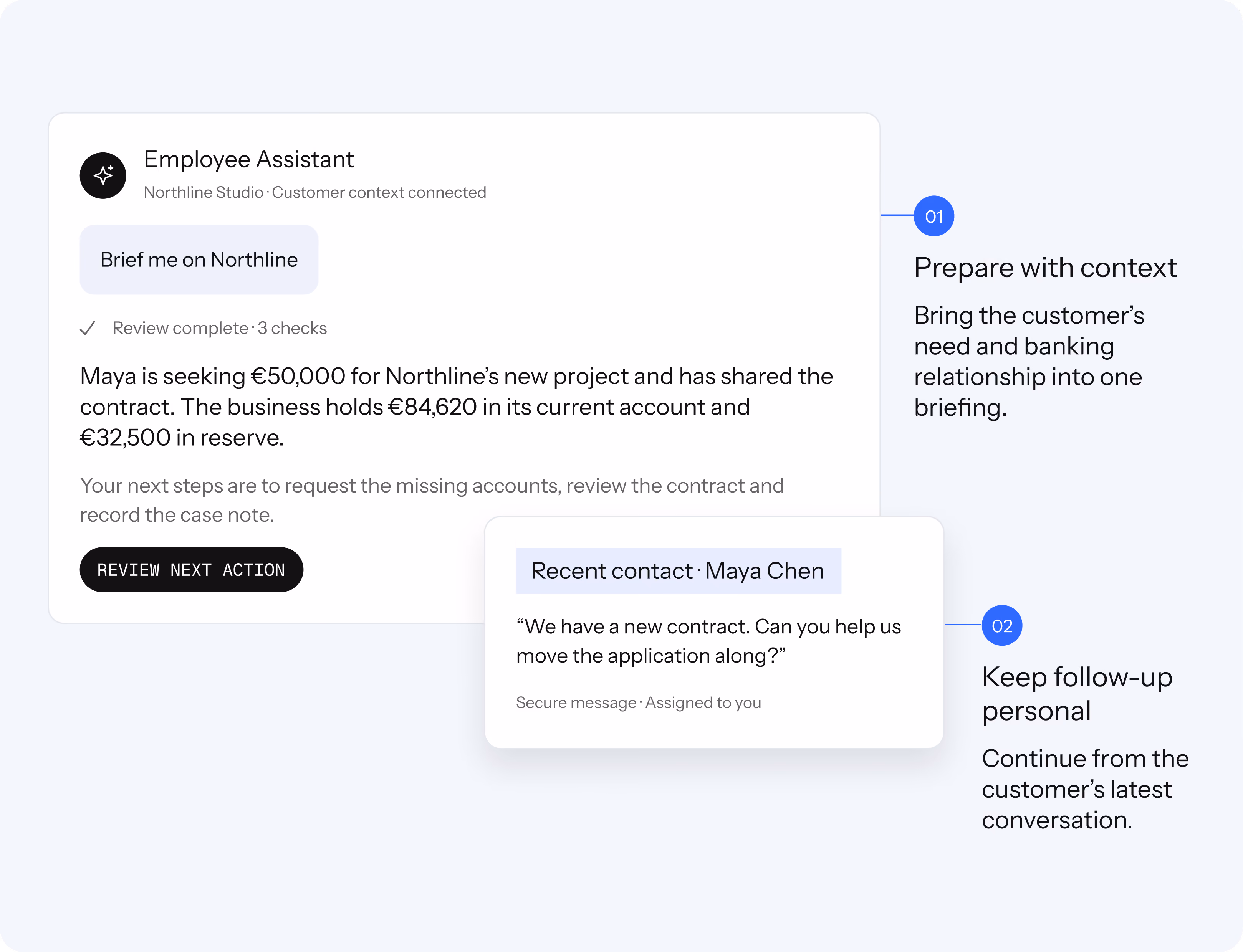Employee workspace customer overview for Northline Studio: contacts, relationship manager, business account balances and an open working-capital application flagged for missing management accounts.