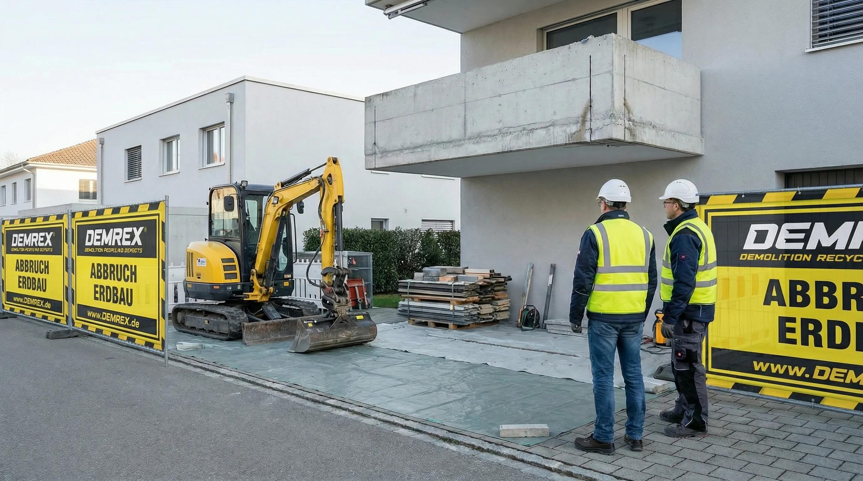 Firmenflagge eines Abbruchunternehmens auf Baustelle