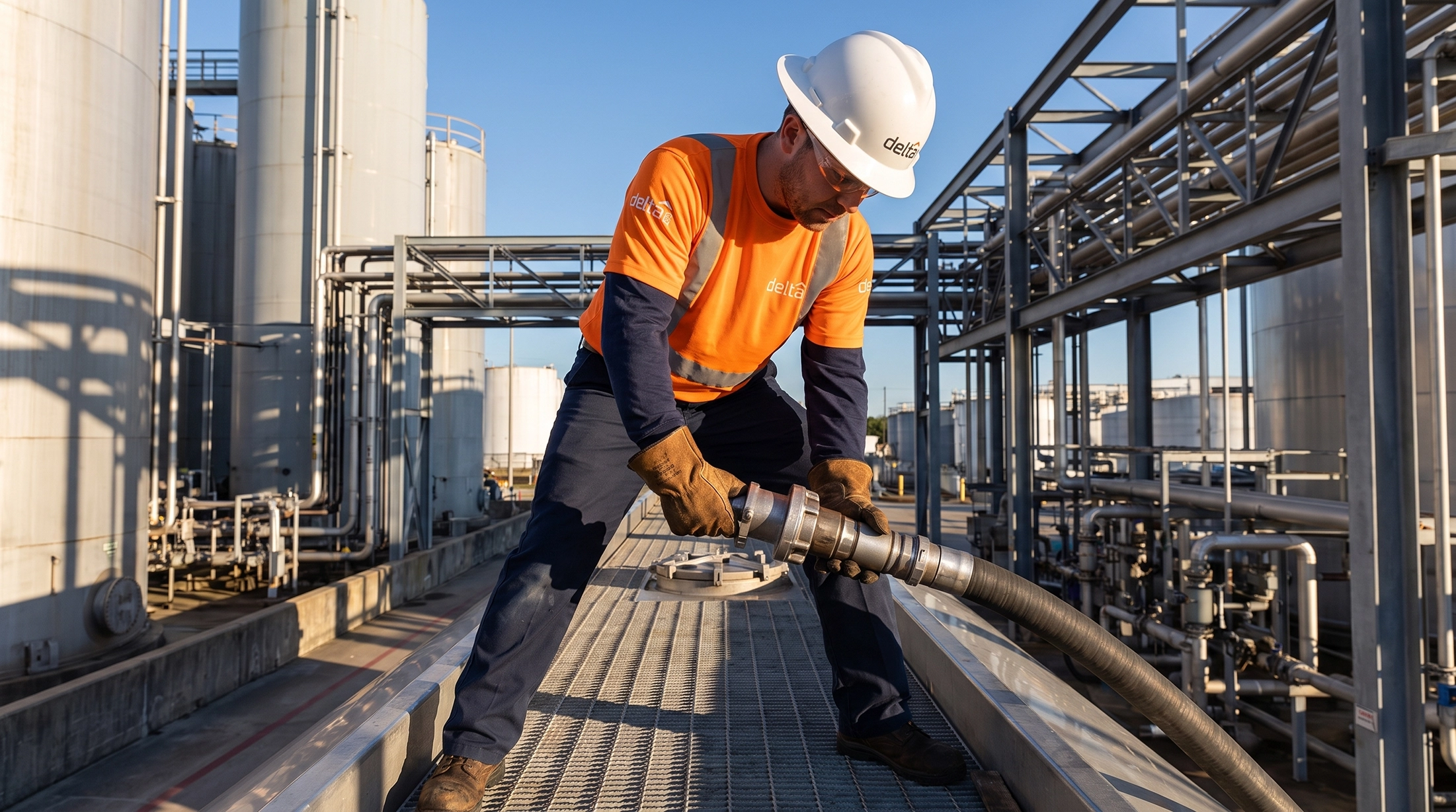 Delta360 technician connecting a hose coupling on top of a tanker at a fuel terminal