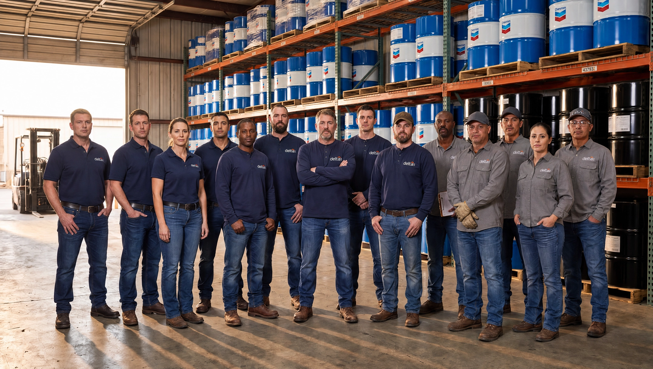 Delta360 managers, technicians and drivers standing together in the lubricants warehouse