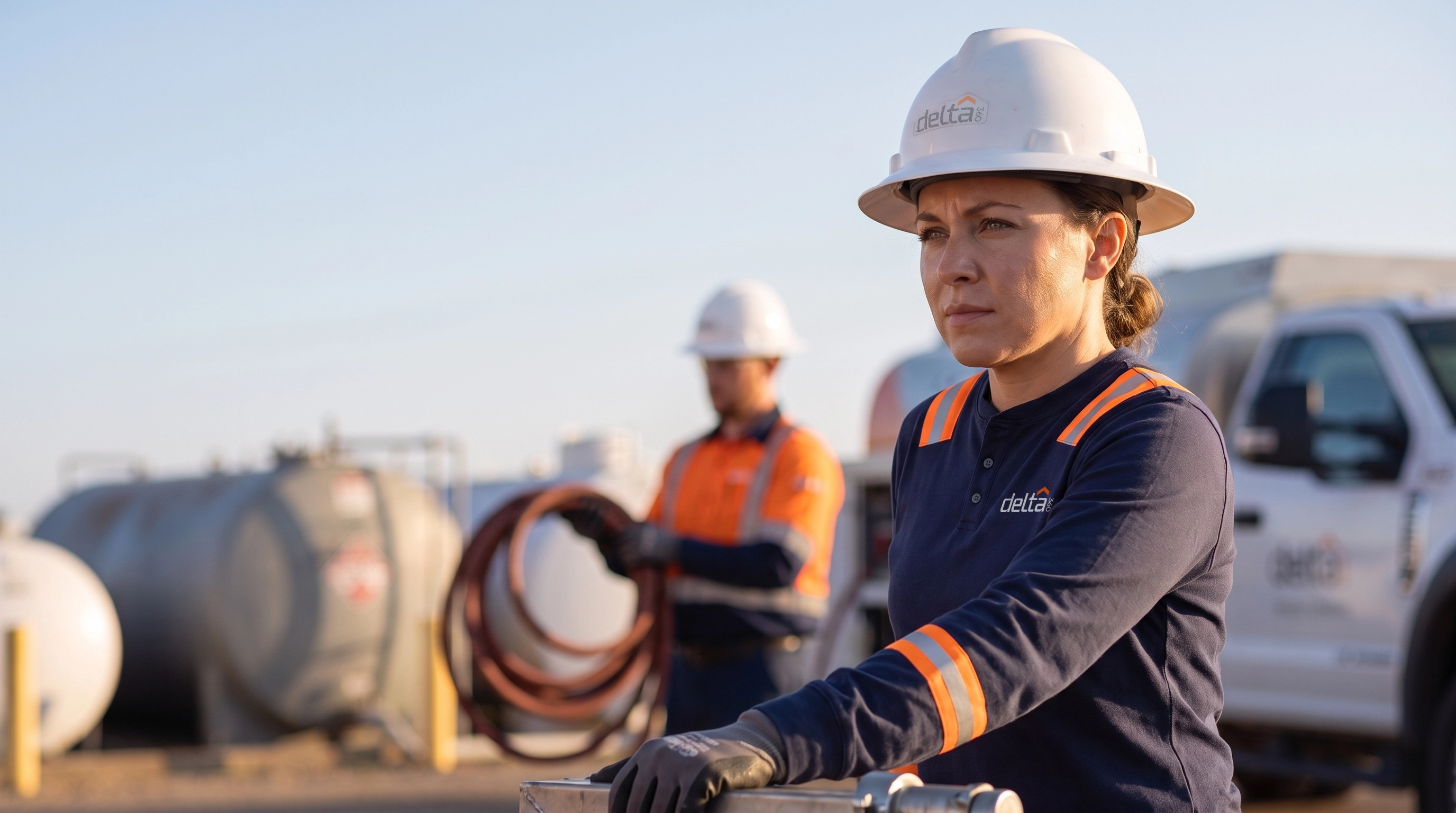 Delta360 field service technician at a fuel terminal with a colleague working behind her
