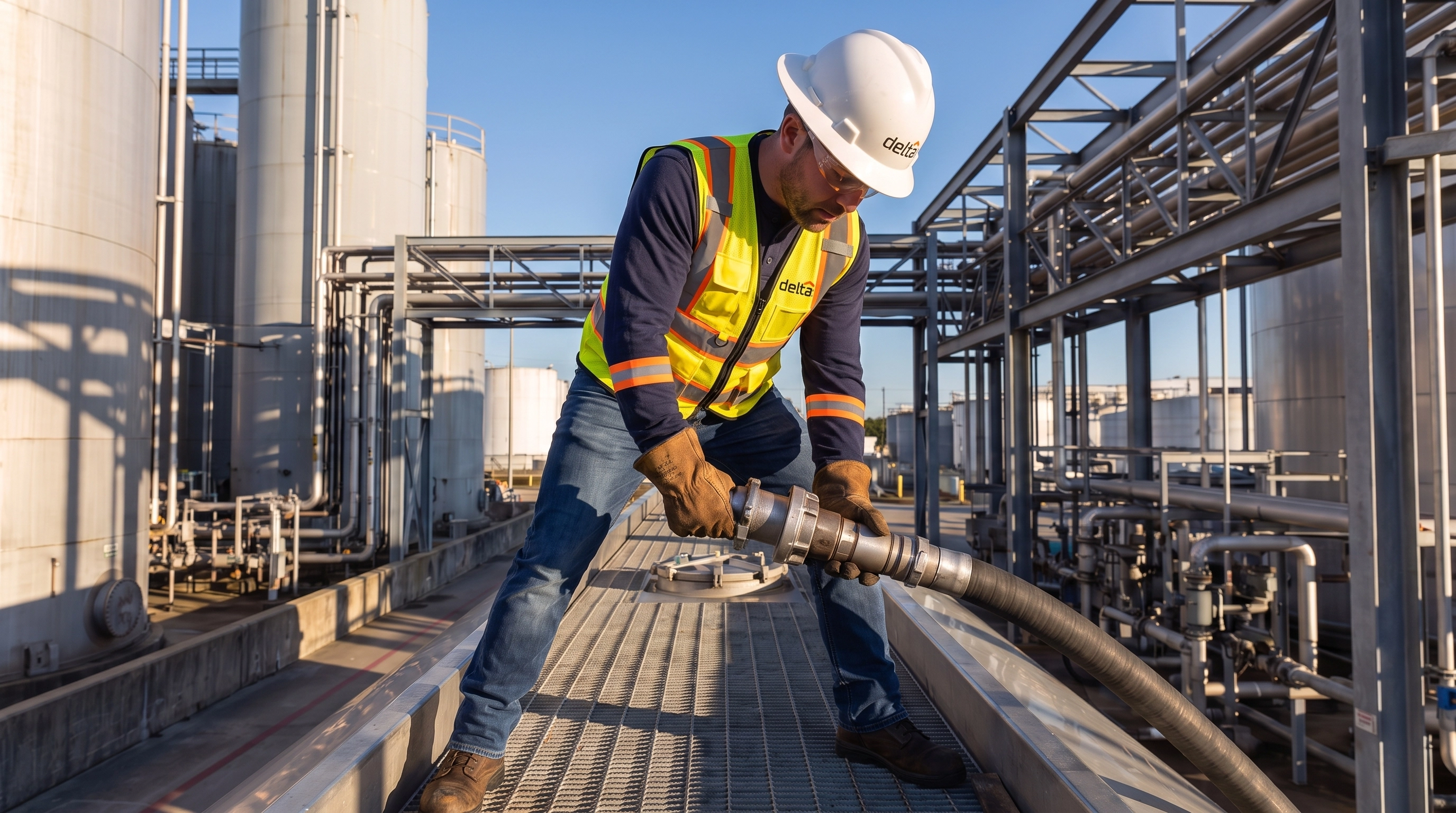 Delta360 technician connecting a hose coupling on top of a tanker at a fuel terminal