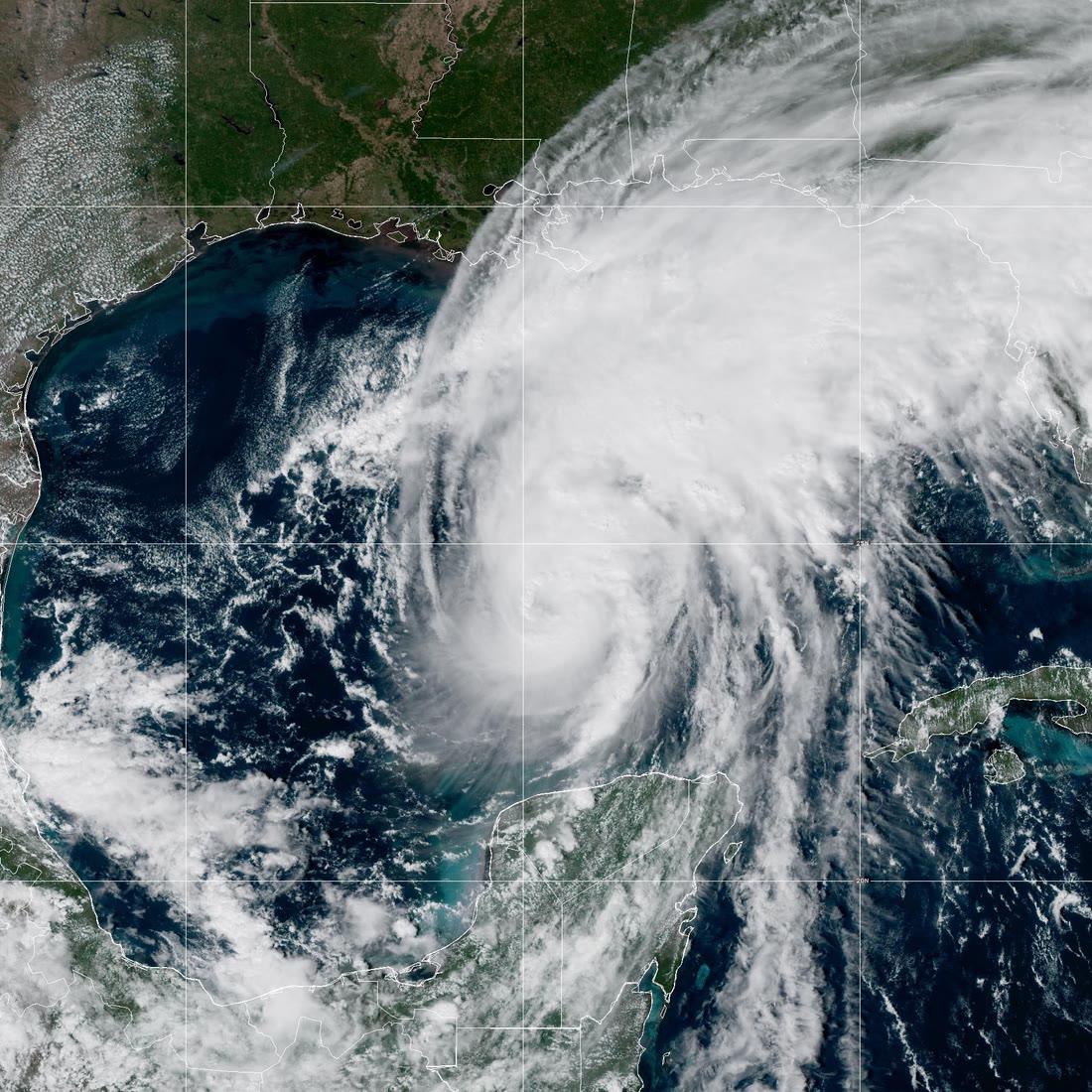 NOAA GOES-19 satellite image of Hurricane Isaias over the Gulf of Mexico, with its cloud shield reaching the Louisiana, Mississippi, Alabama and Florida coast