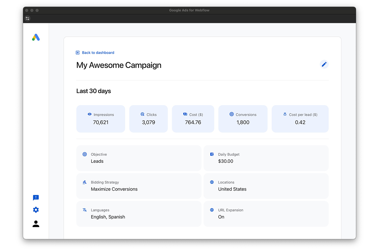 Google Ads for Webflow - App Screenshot