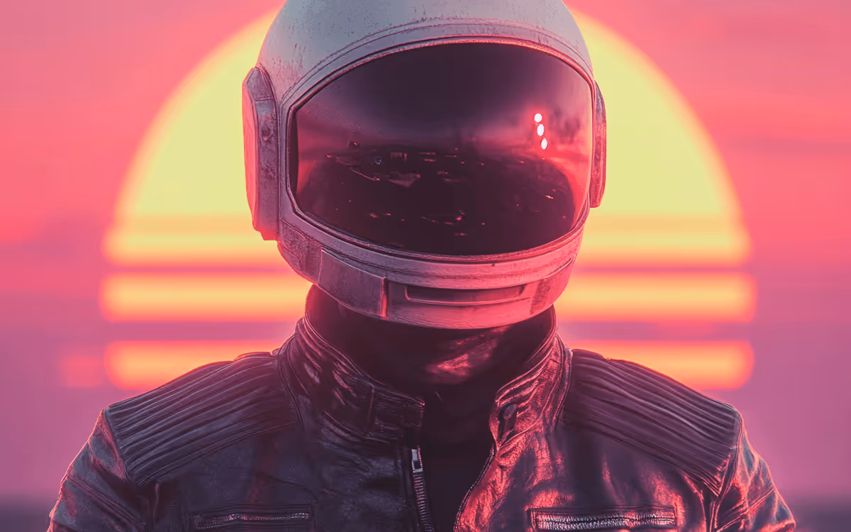 Futuristic astronaut in a leather jacket against a neon sunset, symbolizing a cyberpunk coding experience. Reflective helmet suggests immersive digital realms—representing VibeOX, a vibe-centric development ecosystem on the MultiversX blockchain.”