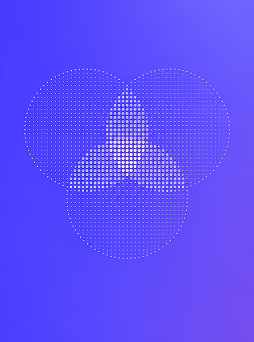 Three overlapping circles composed of small white dots on a blue gradient background, forming a Venn diagram-like pattern in the center where they intersect.