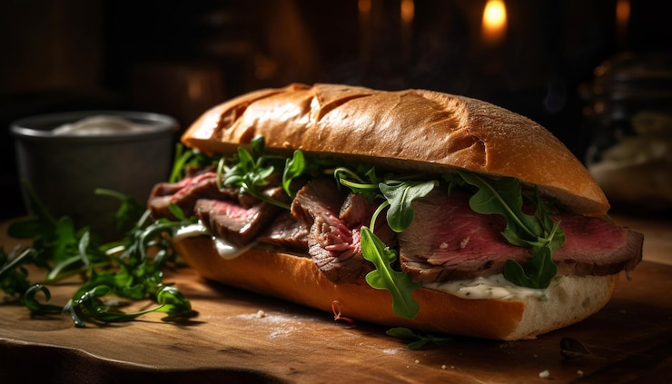 Grilled ciabatta sandwich with fresh beef slice generated by AI