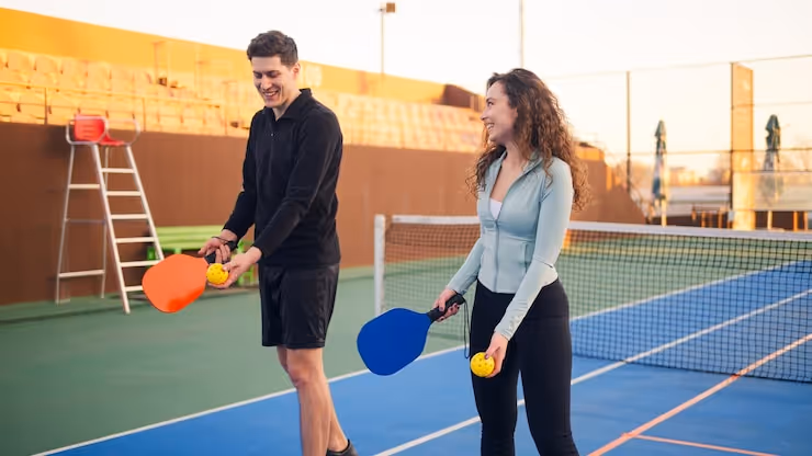 Young adults teaching and learning how to play pickleball