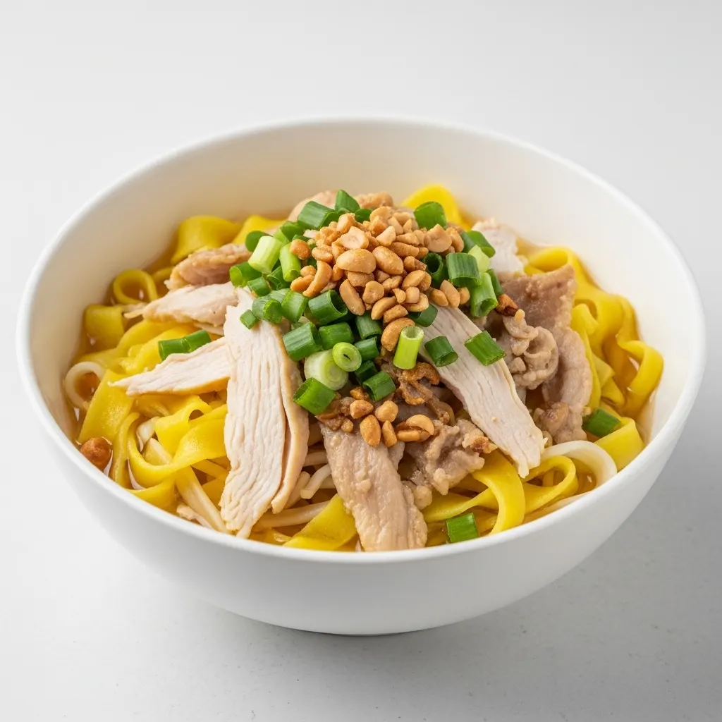 一張會安米粉(Mi Quang Hoi An)的特寫照片,米粉上鋪有蝦、豬肉、花生、米餅與香草,湯汁濃郁,色彩繽紛,是會安傳統美食的代表之一