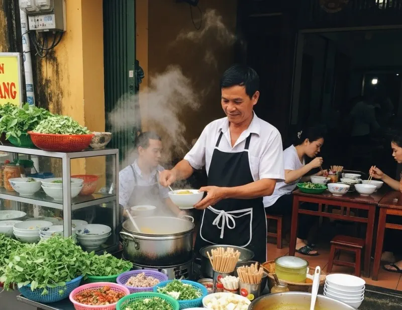 一張街頭小吃攤的照片,攤位上擺滿新鮮食材與一鍋熱騰騰的米粉湯,攤主正在現做 Mi Quang,吸引許多當地人與遊客駐足品嚐