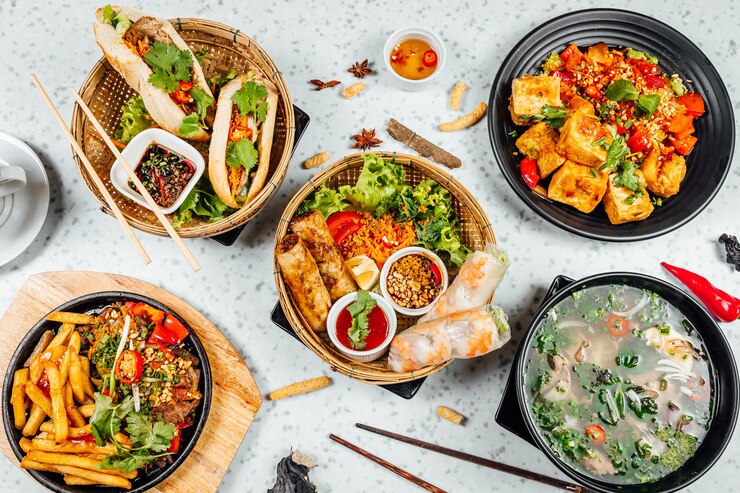Top view of fresh and delicious Vietnamese food on a table