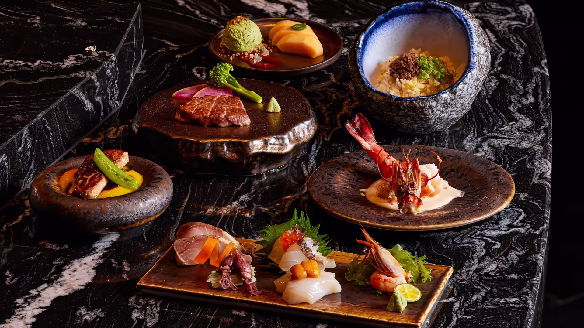 An artful selection of teppanyaki seafood and signature dishes