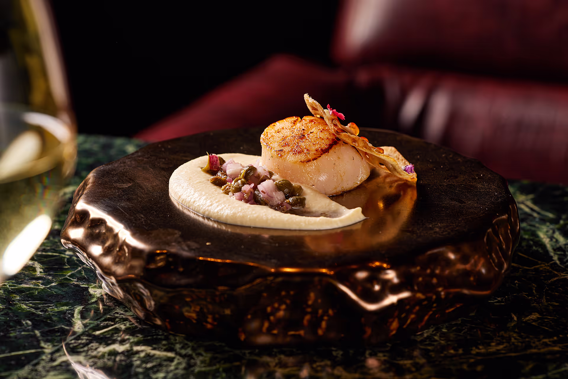 Artfully plated seafood course served during the Gaku Teppanyaki experience