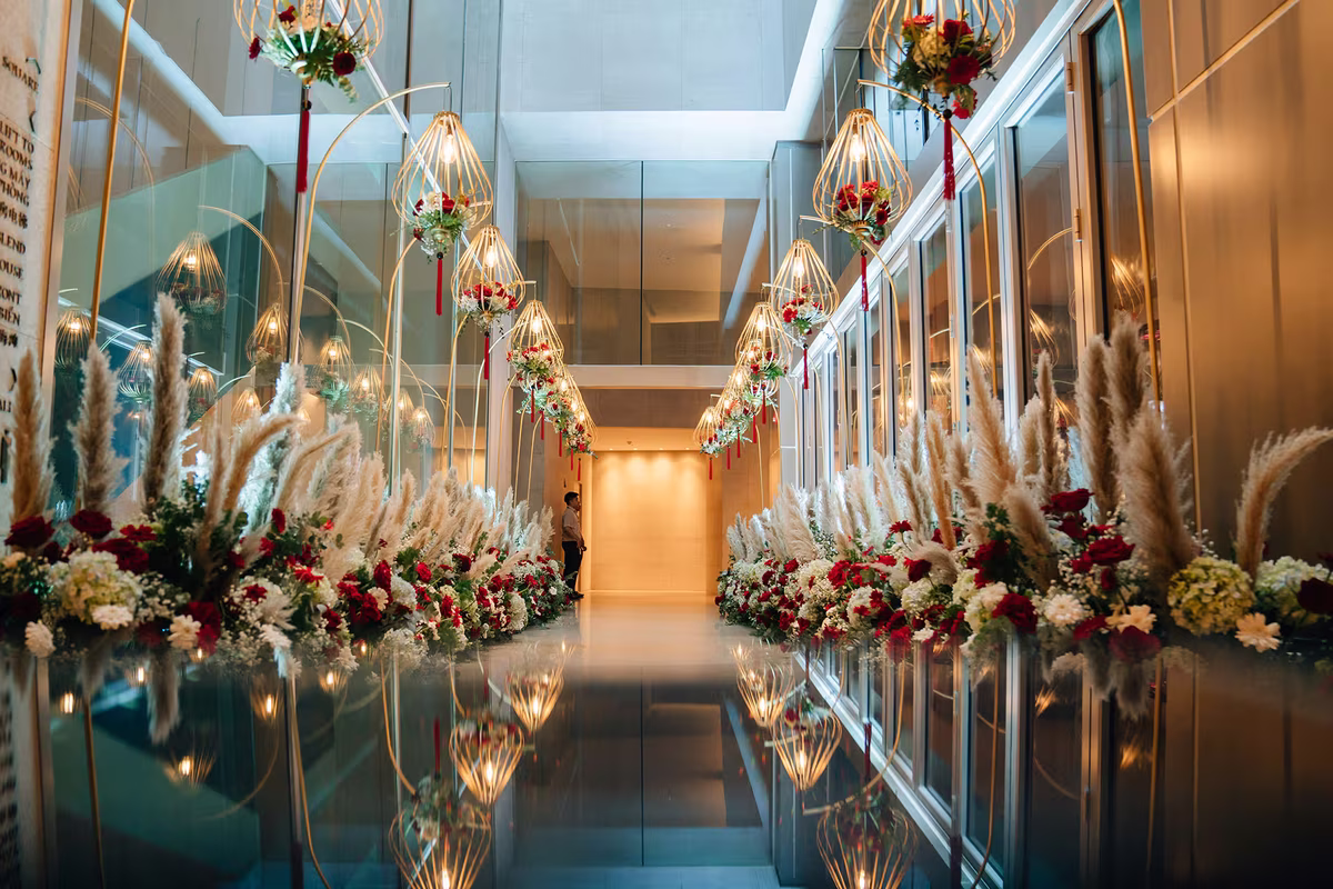 Modern design and natural light, the ballroom foyer welcomes sophisticated celebrations with elegant guests.