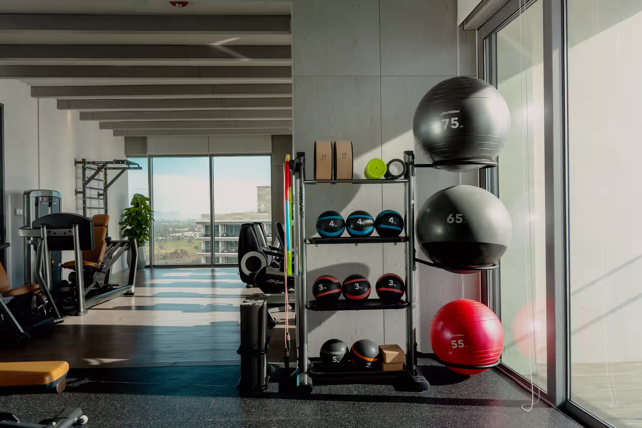 Ocean-view fitness centre at Hoiana Resort & Golf, equipped with treadmills, a rowing machine, free weights and strength-training stations.
