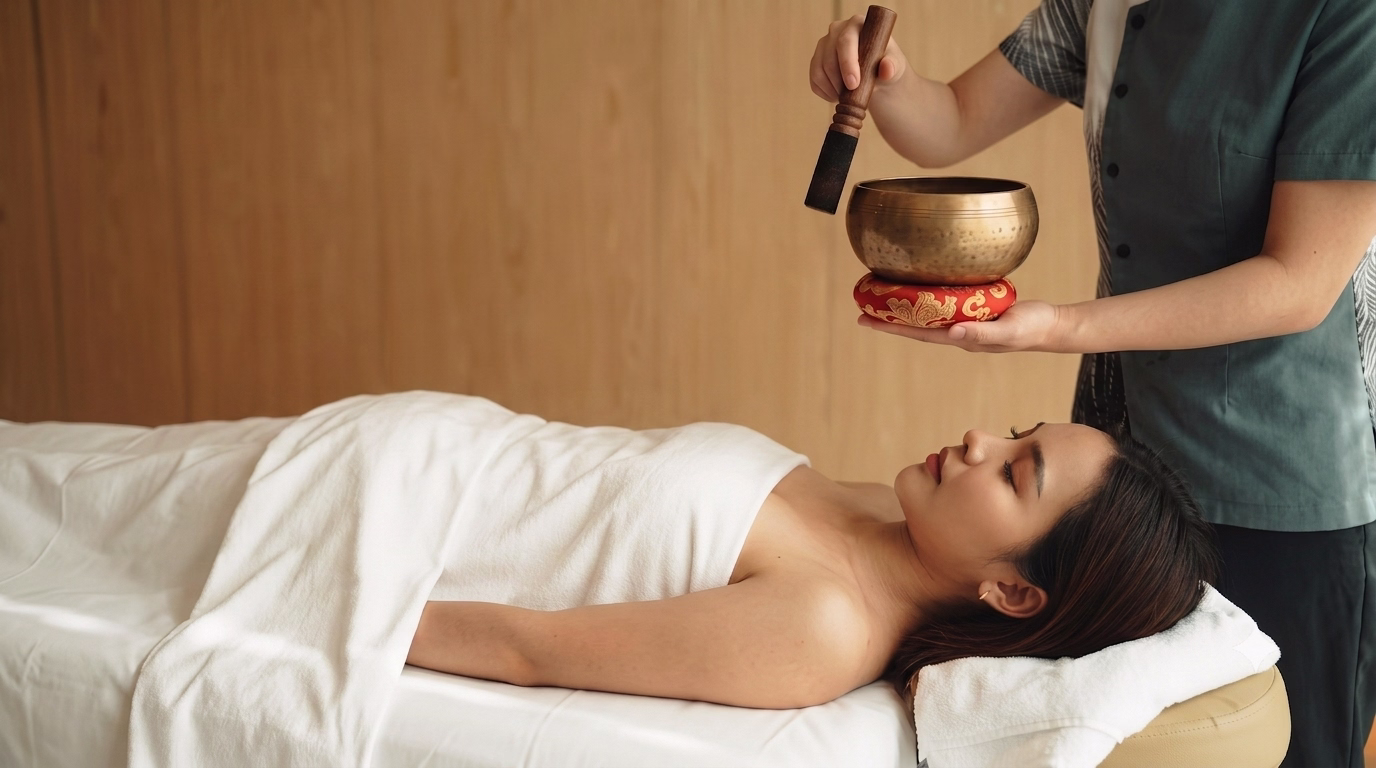 Singing bowl treatment at Downtime Renew, with a therapist holding a bronze bowl above a resting guest.