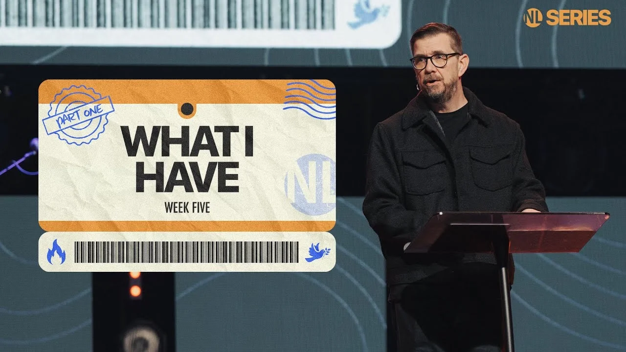 Man teaching from a podium beside a sermon slide titled "What I Have, Week Five, Part One" from NL Series.