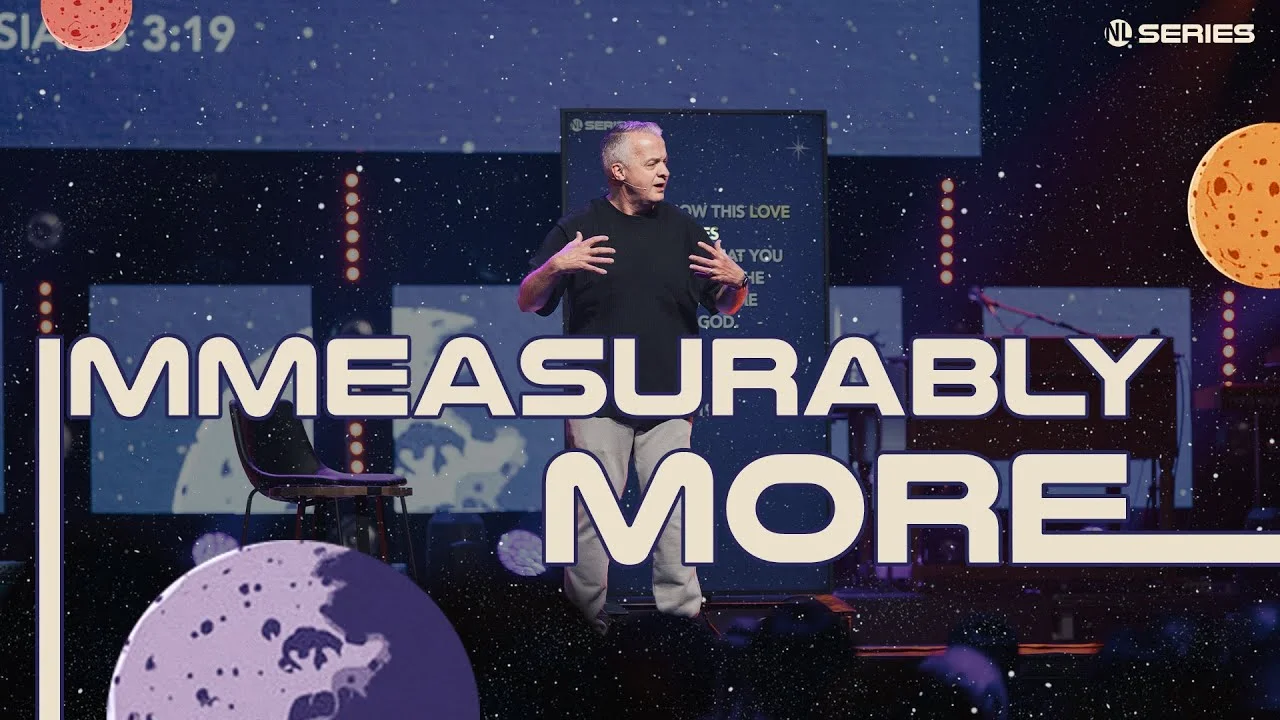 Pastor delivering a message on stage with cosmic visuals and bold title "Immeasurably More" in the NL Series.