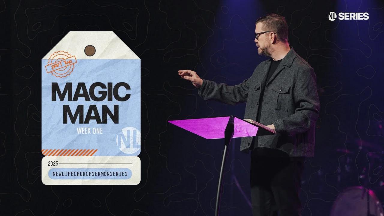 Preacher presenting beside a sermon tag graphic titled "Magic Man, Week One, Part Two" in New Life Church series.