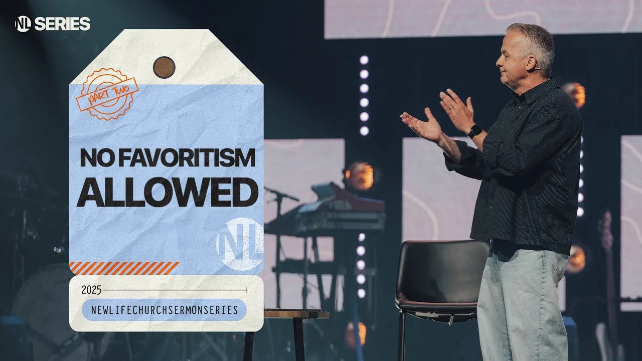 Pastor clapping beside a sermon series screen that reads "No Favoritism Allowed, Part Two" at New Life Church.