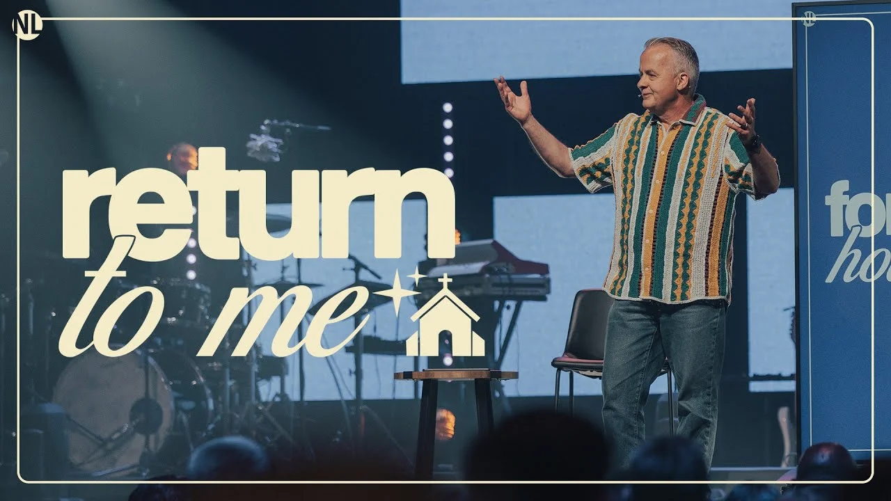 Pastor on stage with hands raised beside bold text saying "Return to Me" with a church icon backdrop.