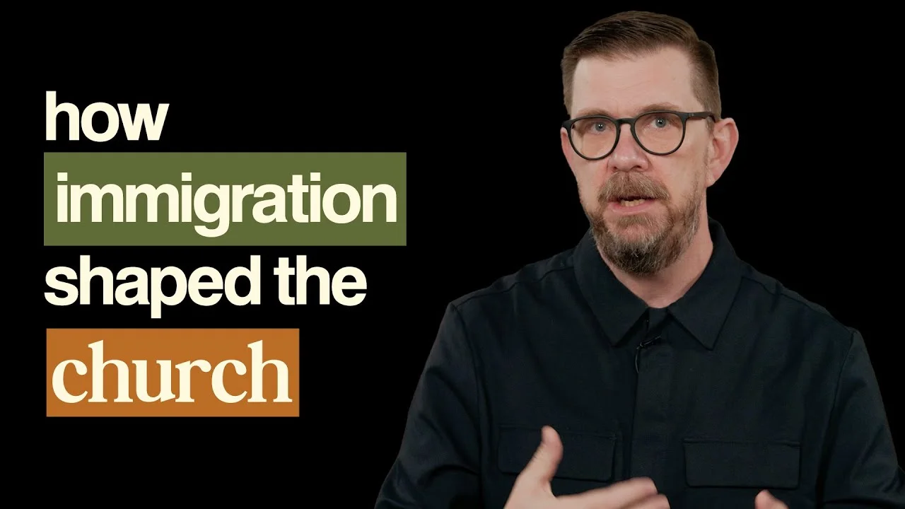 Speaker discussing immigration's impact on church against black background.