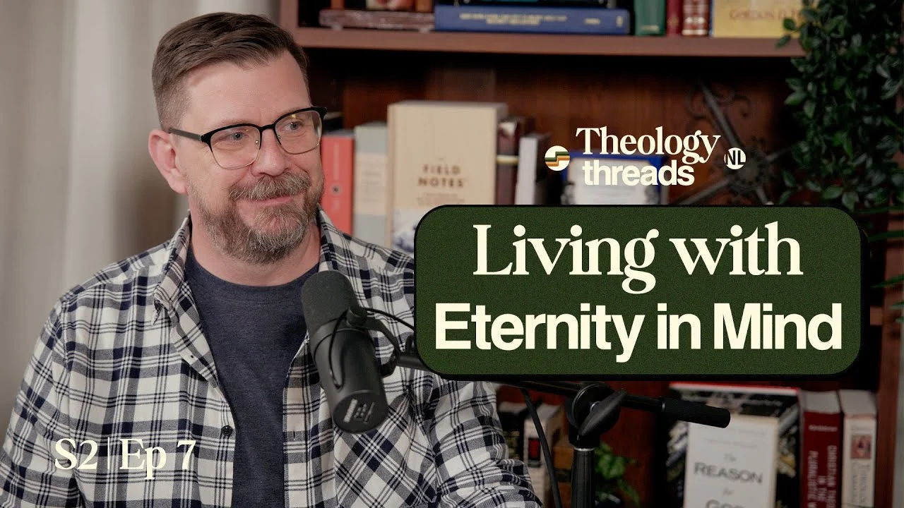 Theologian speaking about living with eternity in mind, podcast setup.