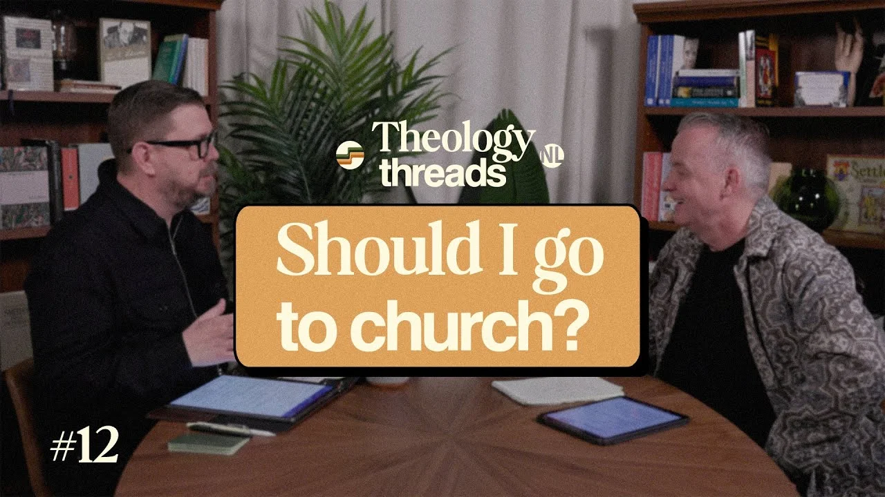 Two men discussing church attendance in Theology Threads podcast episode.