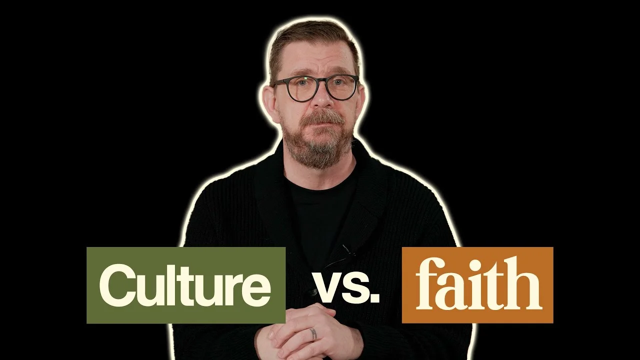 Man with glasses comparing culture and faith on black background.