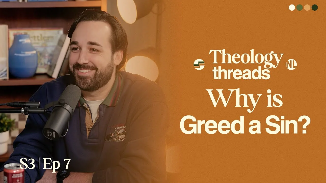 Podcast host discussing why greed is considered a sin in Theology Threads.