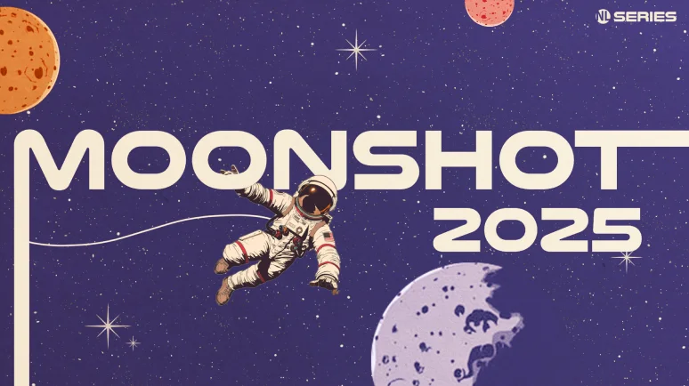 Illustration of astronaut floating in space with planets and stars, featuring bold text "Moonshot 2025."
