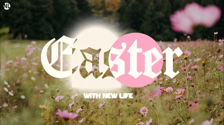 Easter graphic with flowers in a field and text overlay "Easter with New Life."