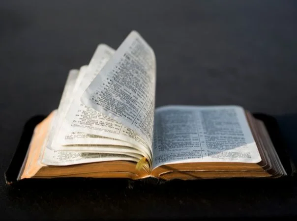 Open Bible with pages turning in the wind.