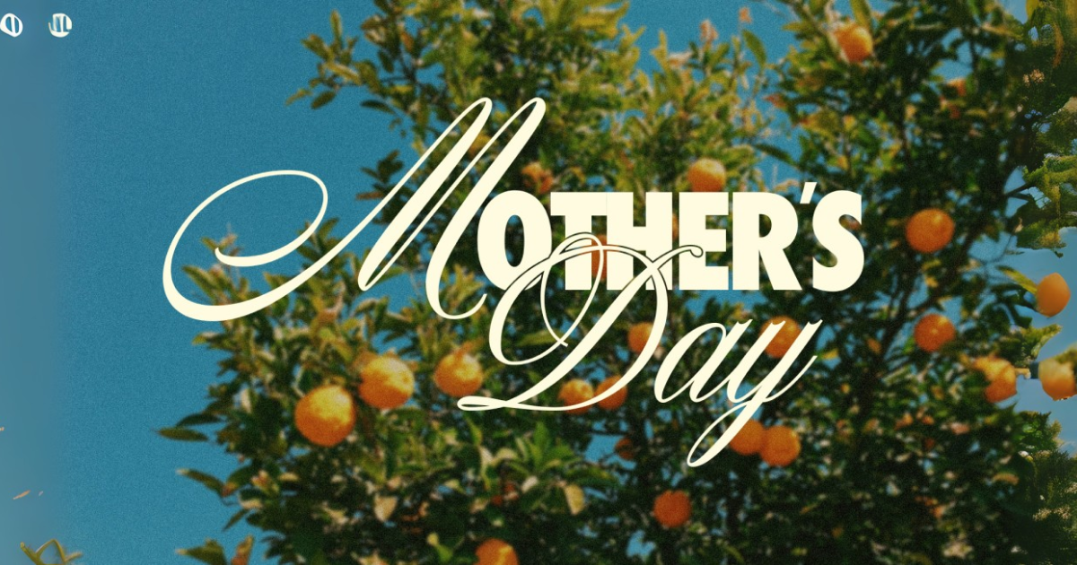 Mother's Day graphic with orange tree background and text overlay "Mother's Day."
