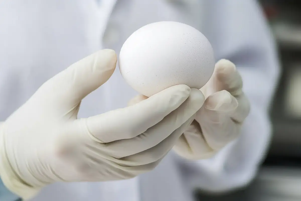 hand holding egg in lab environment