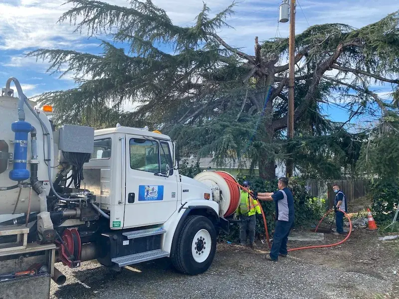 Workers using a hydro flushing truck with hoses near a large tree and fence outdoors.