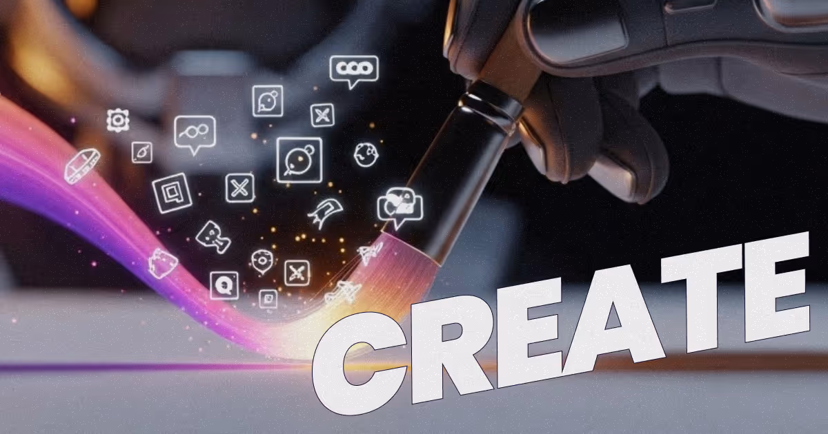 Robotic hand painting a digital stroke that transforms into icons of creativity, symbolizing the limitless building tools and innovation in the VibeOX coding ecosystem powered by MultiversX.