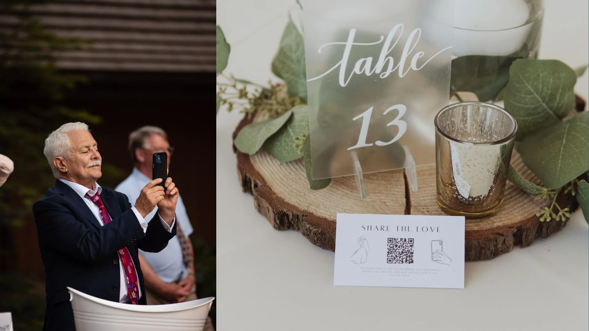 Elderly man using a phone to take a wedding photo with a QR code for Wedibox, highlighting easy photo sharing at the wedding.
