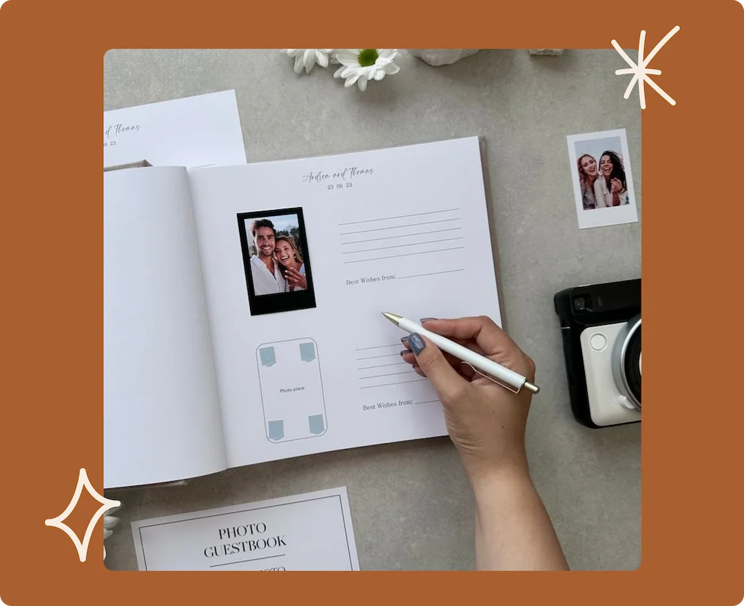 Polaroid wedding guestbook with a guest adding a handwritten message alongside an instant photo, creating a personalized keepsake.