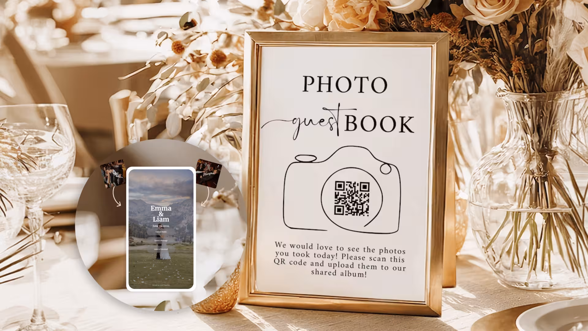 Photo sharing platform overlayed "share your photos" qr code print out