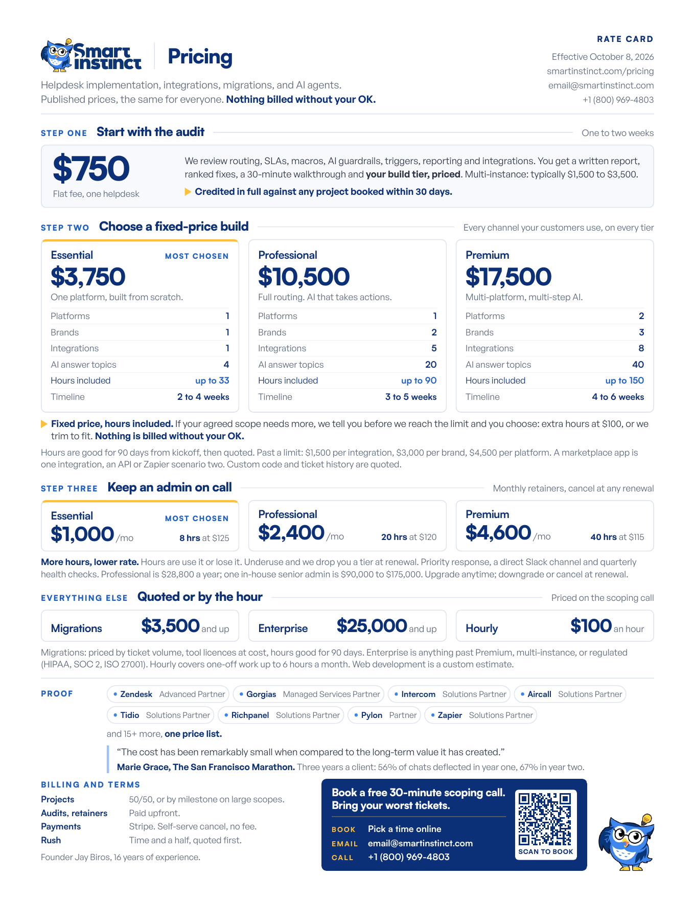 Smart Instinct pricing rate card, effective October 8, 2026