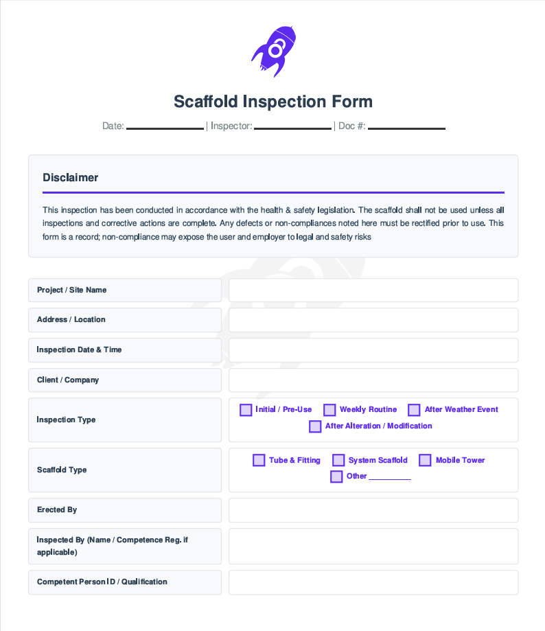 Title page of Scaffold Inspection Template showing project name, scaffold details, and inspector information for safe scaffold management