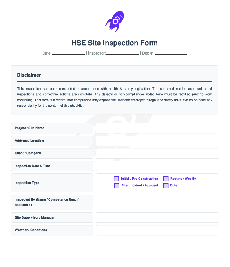 Title page of HSE Site Inspection Template showing project name, site details, and inspector information for construction safety