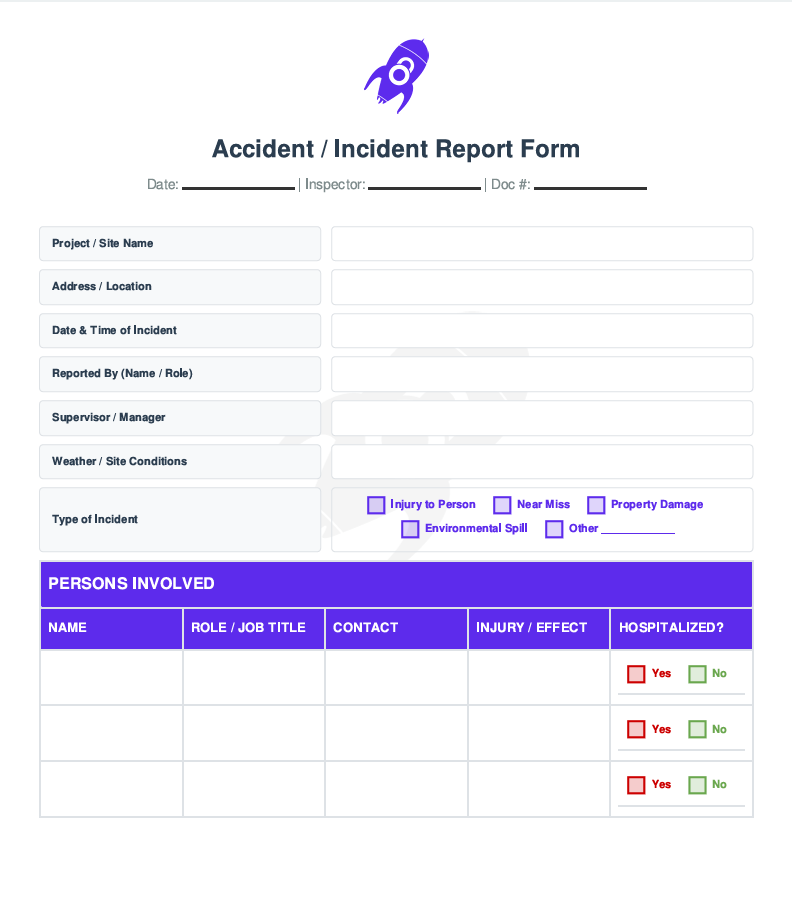 Title page of Accident and Incident Report Template showing project name, incident summary, and reporter information for workplace safety