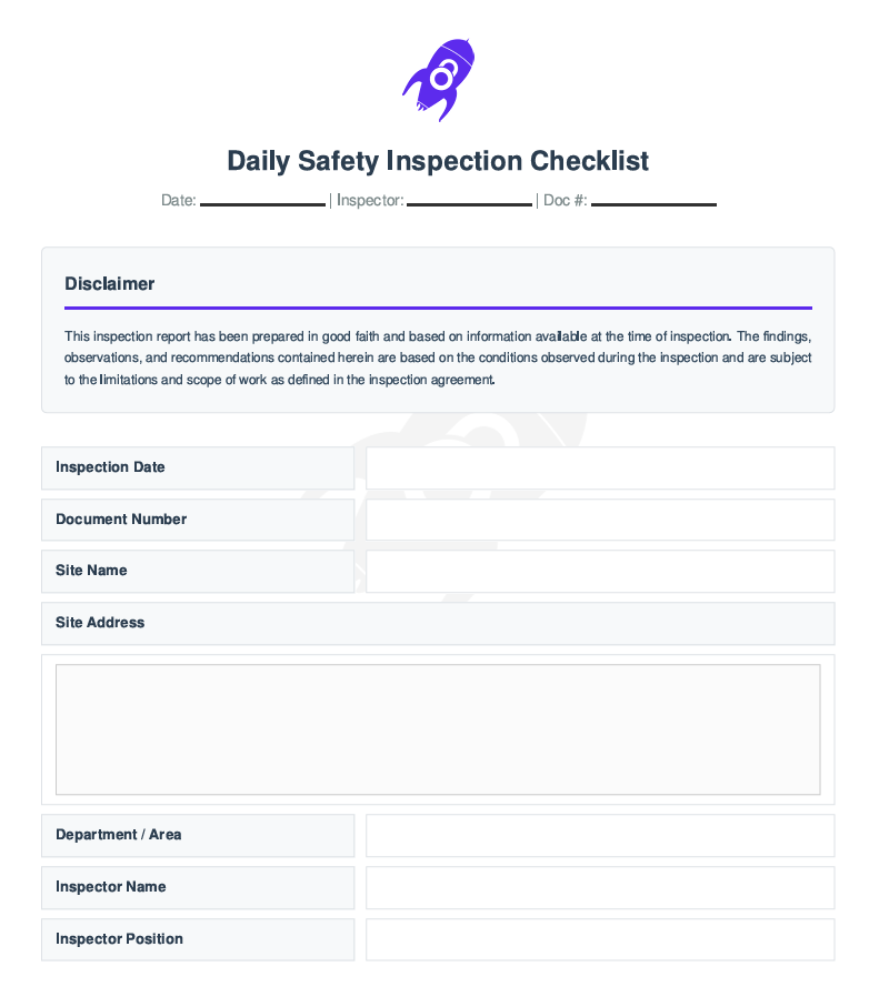 Title page of Daily Safety Inspection Checklist showing site, inspector, date, and weather details