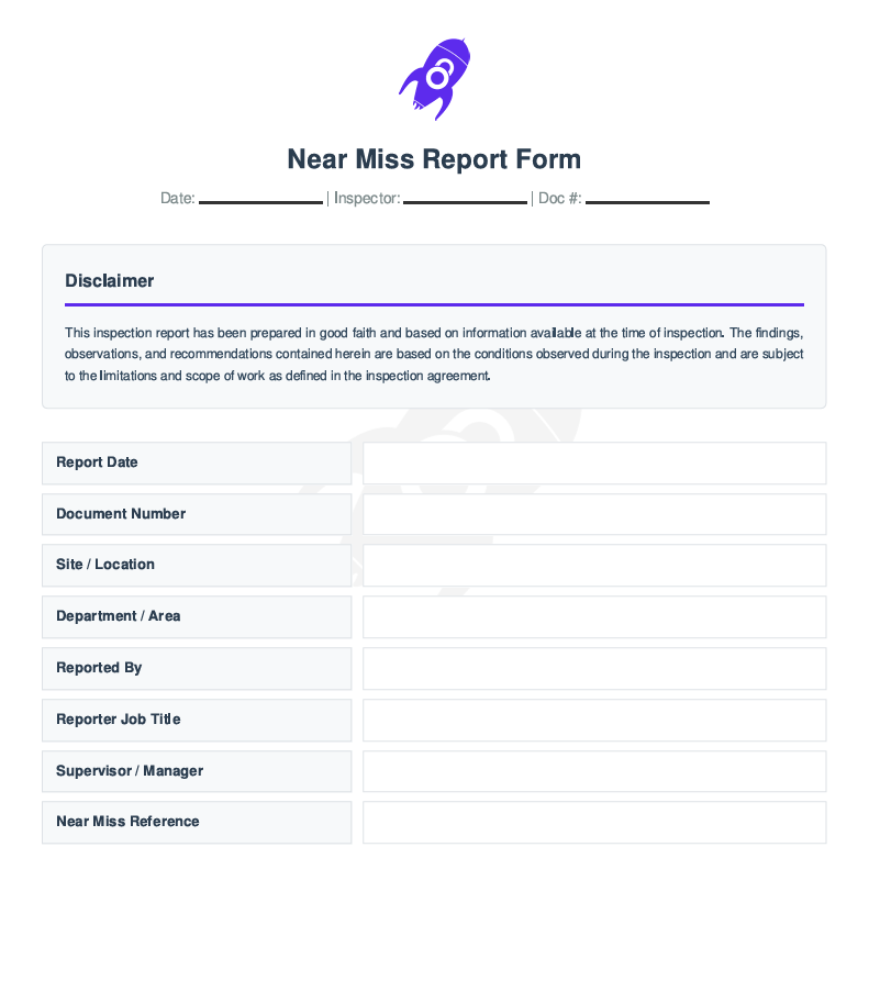 Title page of Near Miss Report Form showing site, department, reporter, and supervisor details