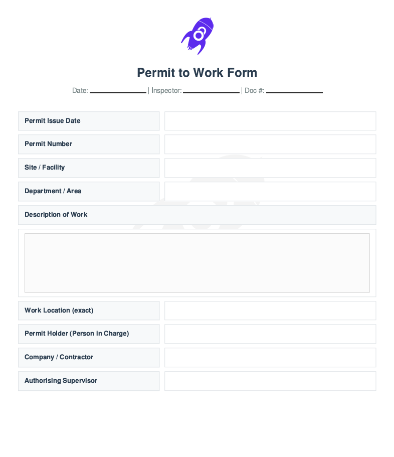 Title page of Permit to Work Form showing permit number, issue date, site, department, work description, and permit holder details