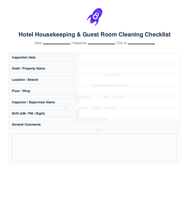 Title page of Hotel Housekeeping & Guest Room Cleaning Checklist showing inspection date, hotel name, floor, shift, and inspector details